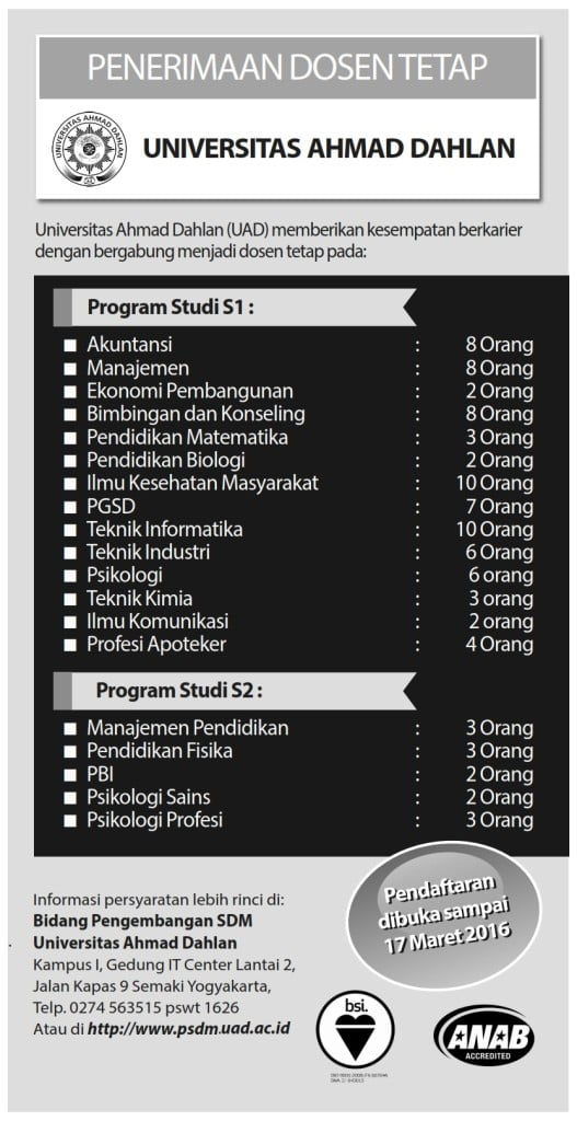 Penerimaan Dosen Tetap Universitas Ahmad Dahlan Tahun 2016